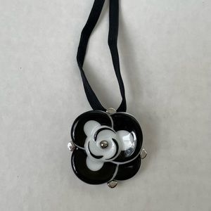Bernardaud Black White Porcelain Flower Brooch Pin Necklace Floral Feminine